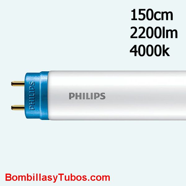 Tubo led Philips T8 20w 150cm 2200 lumenes 4000k - Fluorescente led Philips de 150cm y 4000k, luz fria neutra. 2200 lumenes y 20w de consumo.