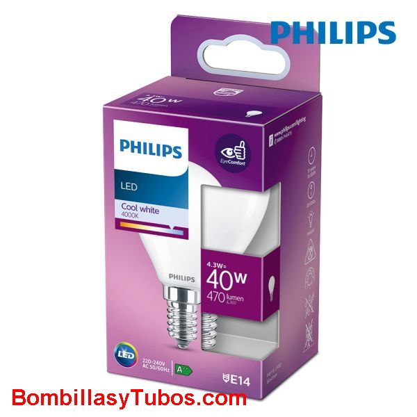 Philips bombilla led esferica E14 4,3w-40w 470 lumen 4000k