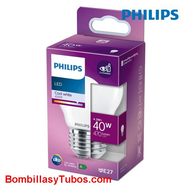Philips bombilla led esferica E27 4,3w-40w 470 lumen 4000k