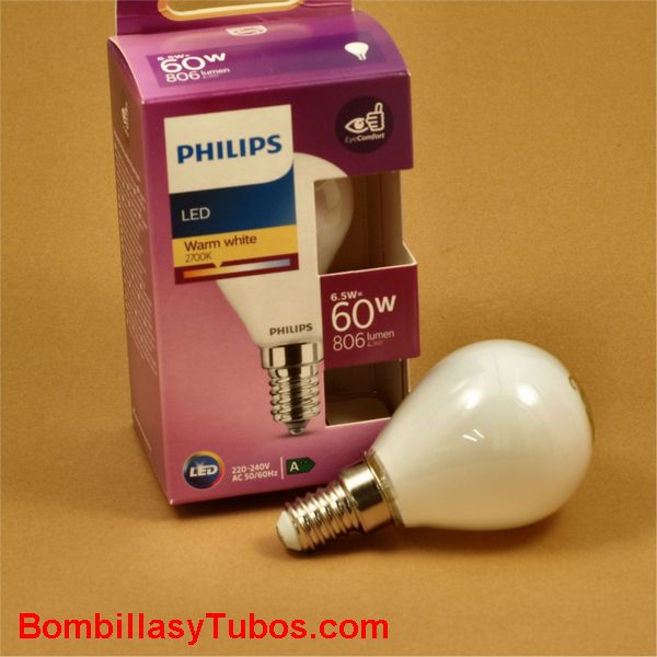 Philips bombilla led esferica e14  6,5w-60w 806 lumen 2700k