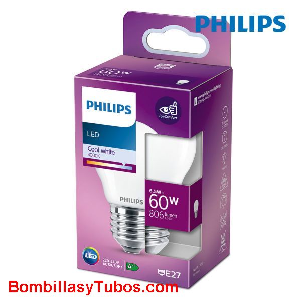 Philips bombilla led esferica e27 6,5w-60w 806 lumen 4000k