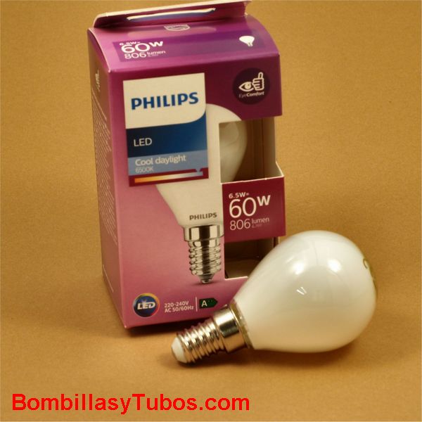 Philips bombilla led esferica e14 6,5w-60w 806 lumen 6500k