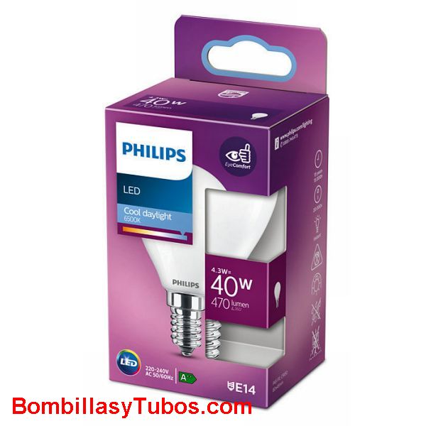 Philips bombilla led esferica E14 4,3w-40w 470 lumen 6500k